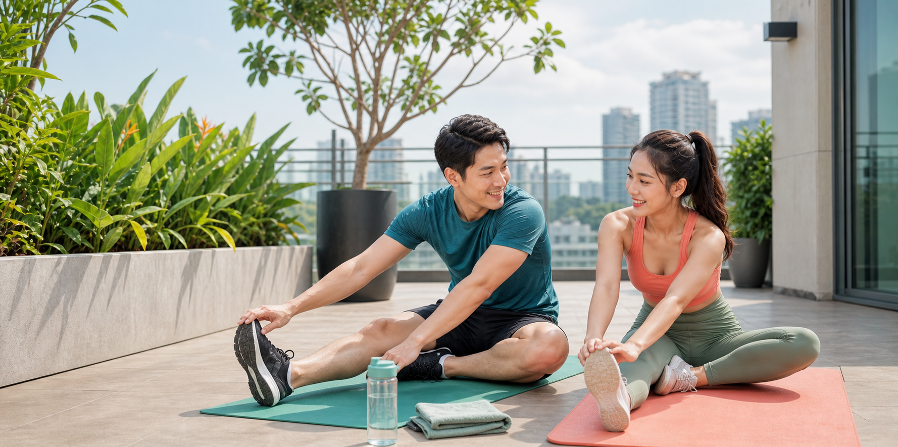 Một cặp đôi trẻ cùng giãn cơ trên thảm tập